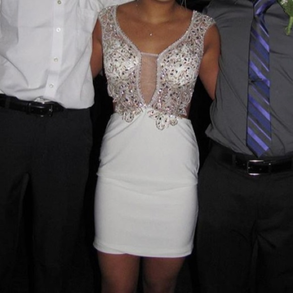 white Jovani short homecoming dress